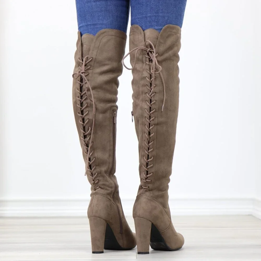 Taupe Faux Suede Over The Knee Lace Up Back Side Zipper High Heel